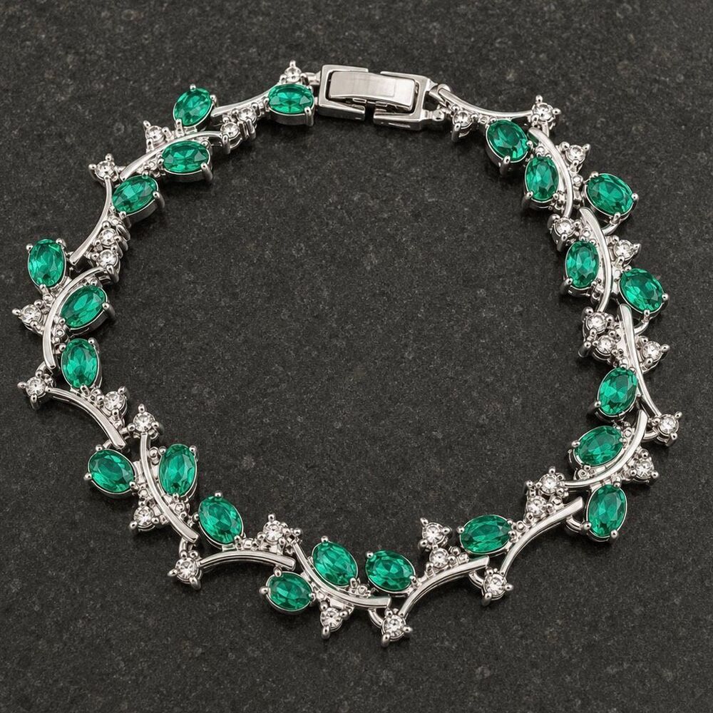 Leaves on a Vine Tennis Bracelet, Emerald Green Stones + Extender